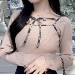 INGNI チェック柄配色デコルテリボンニット