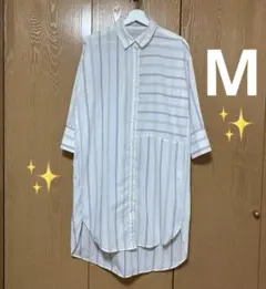 ✨シャツワンピース♪✨ロングジレ♪ストライプ柄／白×紫【M】
