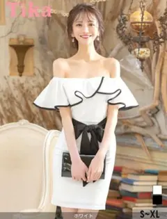 【Tika】キャバドレス M オフショルダー フリル 白×黒