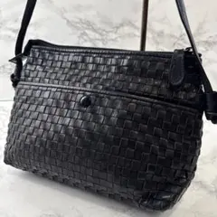 ノーブランド イントレチャート 本革 レザー ミニ ショルダーバッグ 黒ブラック