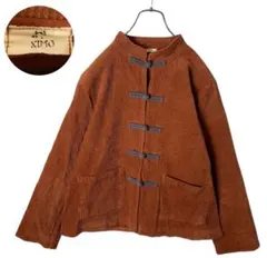 グッドデザイン レトロ古着くすみオレンジコーデュロイ素材チャイナシャツジャケット