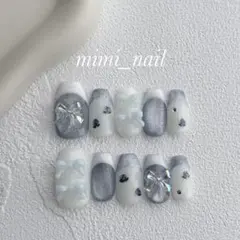 キラキラブルー×バラ×リボン フレンチガーリーネイルチップ