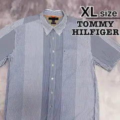 TOMMY HILFIGER　半袖シャツ　XL　ストライプ　ブルー　青　ホワイト