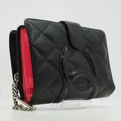 【美品】CHANEL シャネル カンボンライン ミドル 2つ折り財布 黒×ピンク