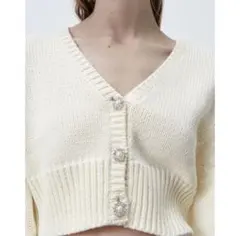 ZARA ビジューボタン付き クロップド丈カーディガン Mサイズ　ホワイト　黄色