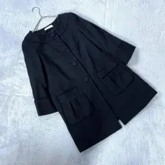美品【エニシス】（2）ノーカラーコート ブラック ウール オンワード樫山 薄手