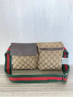 GUCCI ボディバッグ　シェリーライン　GGキャンバス　ウエストポーチ　レザー
