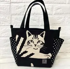 ねこ柄黒　サイドポケット付きトートバッグ　エチノ生地　ハンドメイド