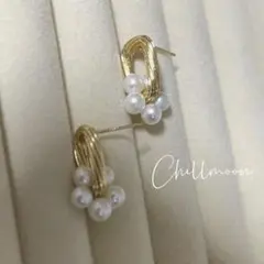 淡水5粒パールのピアス　母の日　結婚式　前撮り　誕プレ　ゴールド