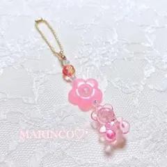 くまとお花のビーズストラップ／ピンク(NO.509)