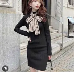 チェックリボンニットワンピース