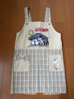 【美品】ムーミン エプロン チェック柄 刺繍 MOOMIN　子供　給食　お手伝い