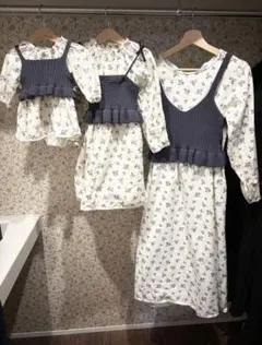 春秋プティマイン　花柄ワンピースビスチェの親子リンクコーデ3着セット