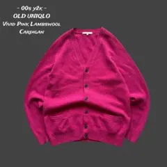 00s OLD UNIQLO ビビッドピンク ウール Vネックニットカーディガン