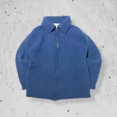ヴィンテージジップアップニットカーディガンブルゾンセーターブルー青短丈肉厚古着S