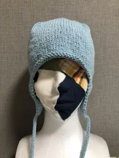 ハンドメイド　耳当て付き　ニット帽　綿100 水色　特別価格