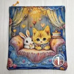 フラットポーチ　仲良し猫とうさぎ　カラフルパネルポーチ　①