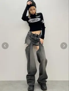 GYDA ハイウエストレイヤードデザイン2WAYデニムパンツ