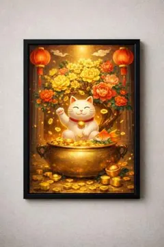 마네키네코 아트 포스터 A4 액자 신품