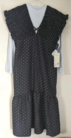 新品Lax Dan Tia黒水玉シャーリングフリル ロングワンピースジャンスカL