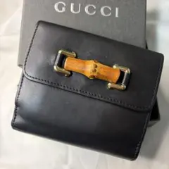 【美品・箱付き】GUCCI グッチ バンブー 折り財布 ブラック レザー