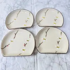 【未使用】梅の木 半月皿 4枚セット 小皿 豆皿 クリーム色 和食器 縁起物