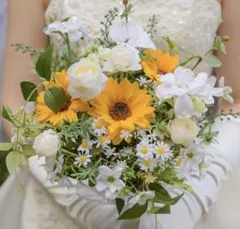 ひまわりのナチュラルブーケ　ウェディングブーケ　ブートニア付き