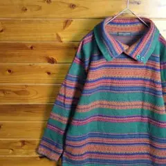 ニット　セーター　M　緑　ボーダー　レトロ　ヴィンテージ　襟　ユニセックス　古着