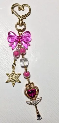 魔法少女風 アクリルビーズキーホルダー リボンと星型チャーム