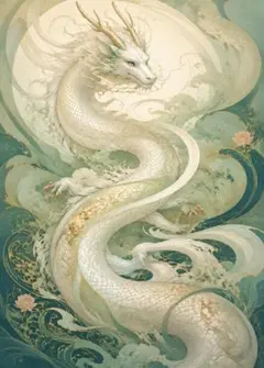 白い龍と青緑の波 金彩の和風装飾画 アートポスター インテリア 絵画 壁掛け