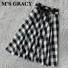 【美品】エムズグレイシー フレアスカート ロング丈 黒×白チェック柄22年モデル