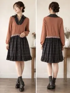 axes femme レース切替ドッキングワンピース テラコッタ チェックM秋冬