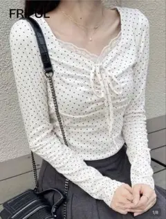 shein トップス 長袖 ドット柄 リボン レース ホビ垢 ガーリーのサムネイル