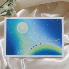 海と猫の風景画 朝日 オイルパステル画原画 ハガキサイズ 絵画 #161