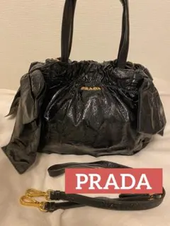 PRADAパテントレザーサイドリボンバッグ黒ショルダー紐付きゴールド金具