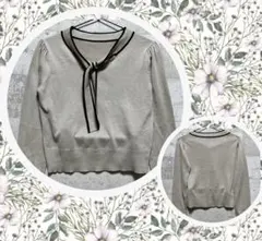 配色ボウタイニットトップス　フロントリボンF