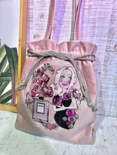 ロラライハリス♡ベビーピンクベルベット♡刺繍のふんわり肩掛け巾着バッグ♡