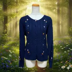 森ガール ヴィンテージ レトロ 花刺繍カントリー柄ネイビーニットカーディガン