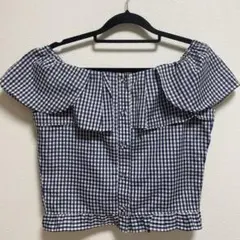 ギンガムチェックオフショルダートップス