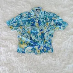 【レトロ】ROPE ロペ 花柄 総柄 半袖 ブラウス 水色 ブルー Mのサムネイル