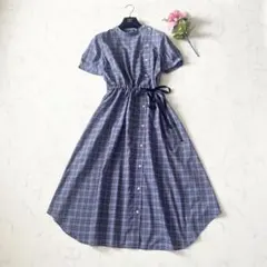 ブルーレーベルクレストブリッジ チェック シャツワンピース ウエストリボン 青M
