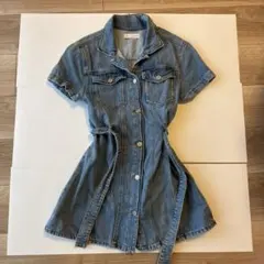 【子供服】150cm デニム半袖ワンピース ウエストリボン付き