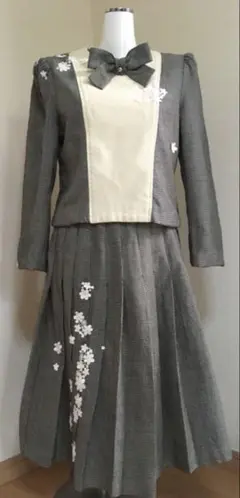 ヴィンテージレトロウール千鳥柄リボンレース装飾スカートスーツセット