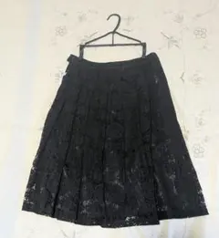 レース プリーツスカート ひざ丈 黒