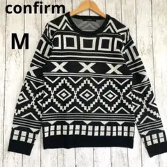 【コンファーム】メンズ　幾何学模様　長袖ニットセーター M黒白　総柄
