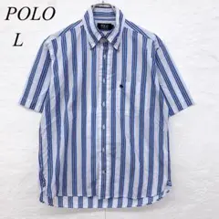 e4241 【ポロ】ブルー系ストライプ柄半袖ボタンダウンシャツ Lサイズ 大人