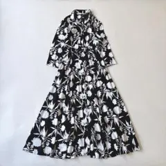 【美品】ザラ　花柄　ウエストリボン　ロングシャツワンピース　XS モノトーン
