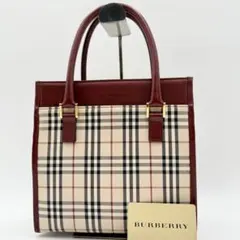 高級　バーバリー　サフィアーノレザー　ノバチェック トート　ハンドバック　赤