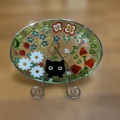 花と黒猫のステンドグラス風置物 飾り物