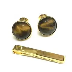 302   艶あり！天然石タイガーアイカフス ボタン&ネクタイピンセット